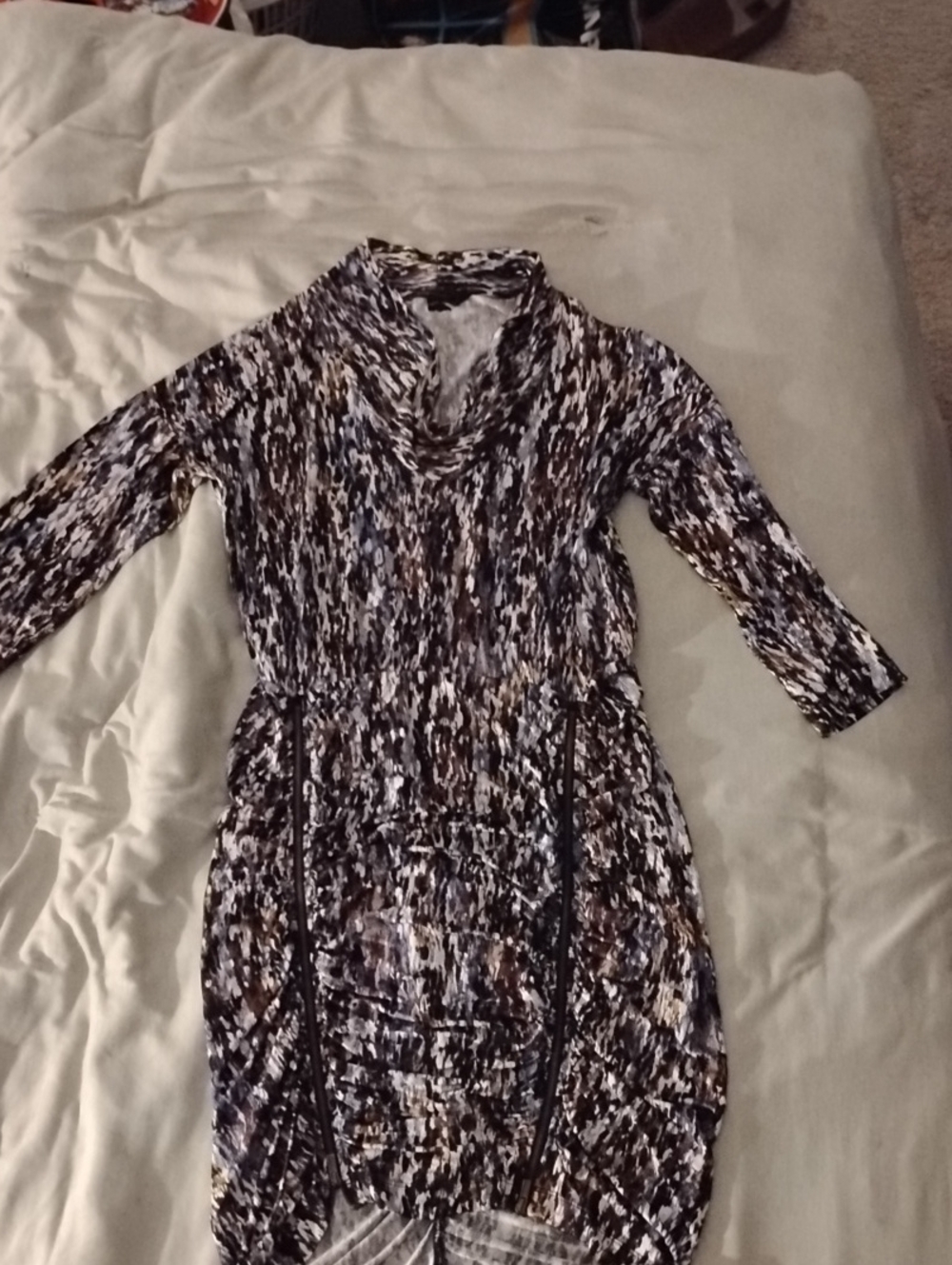 BCBGMaxAzria Long-Sleeve Abstract Print Dress in Black and Brown